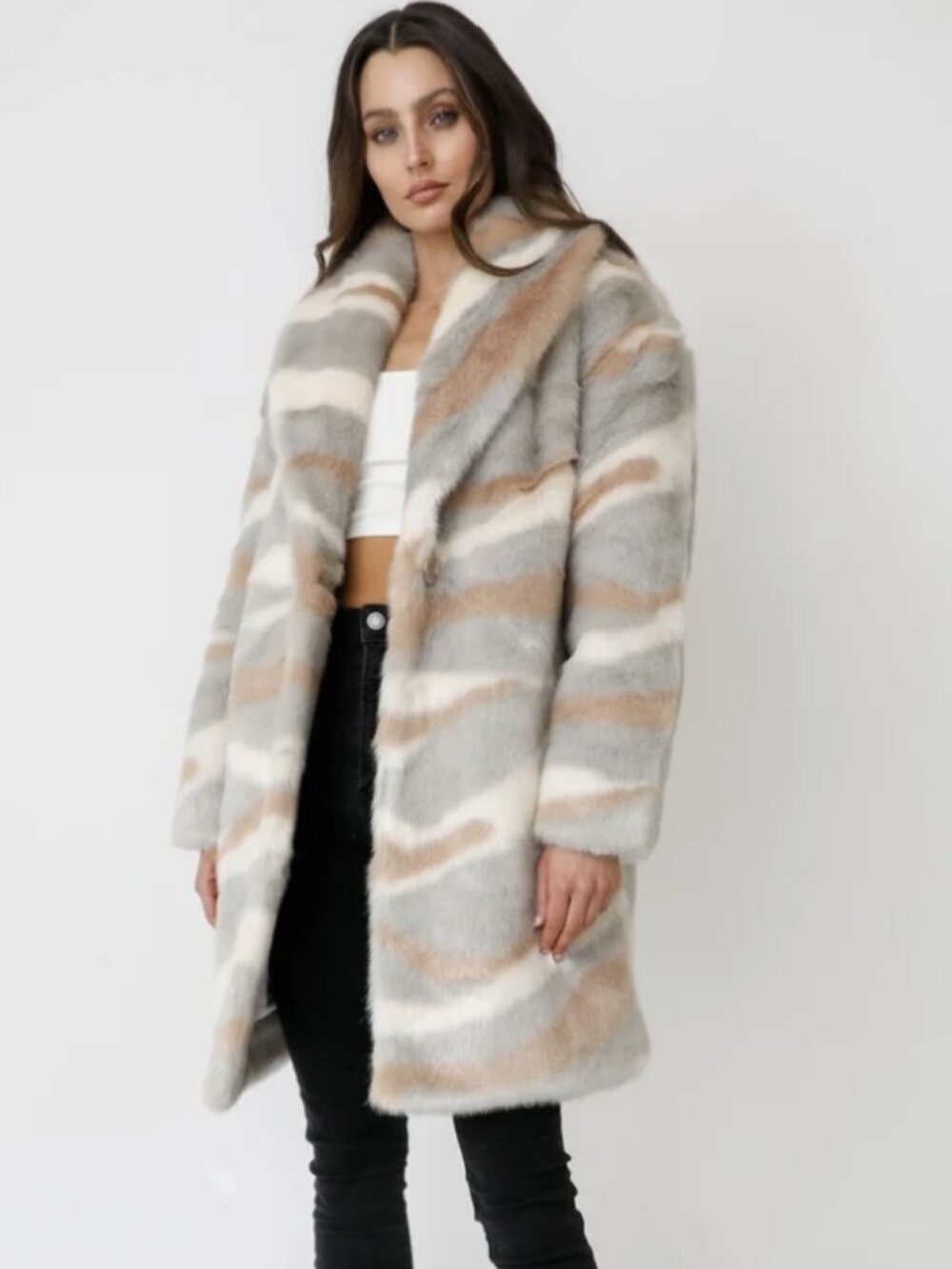 Shaci Vegan Mink Fur Marble Print Coat Grey Beige Ivory